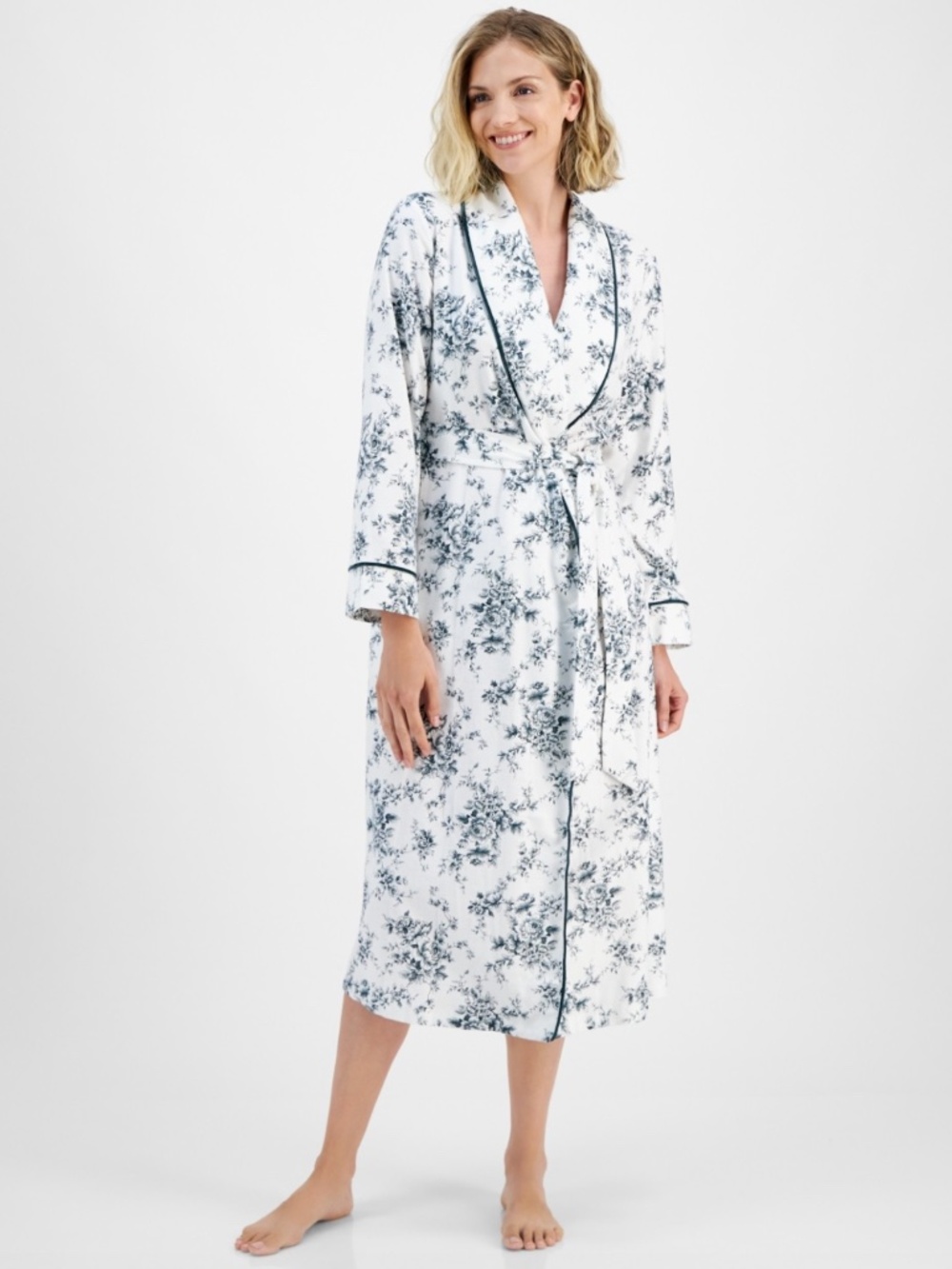 Charter Club Women's Long Floral-Print Flannel Robe - Floral Toile Green XS-S